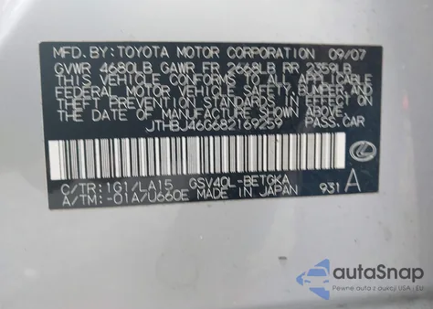 2008 Lexus Es 350 z USA, uszkodzony, nr VIN JTHBJ46G682169259